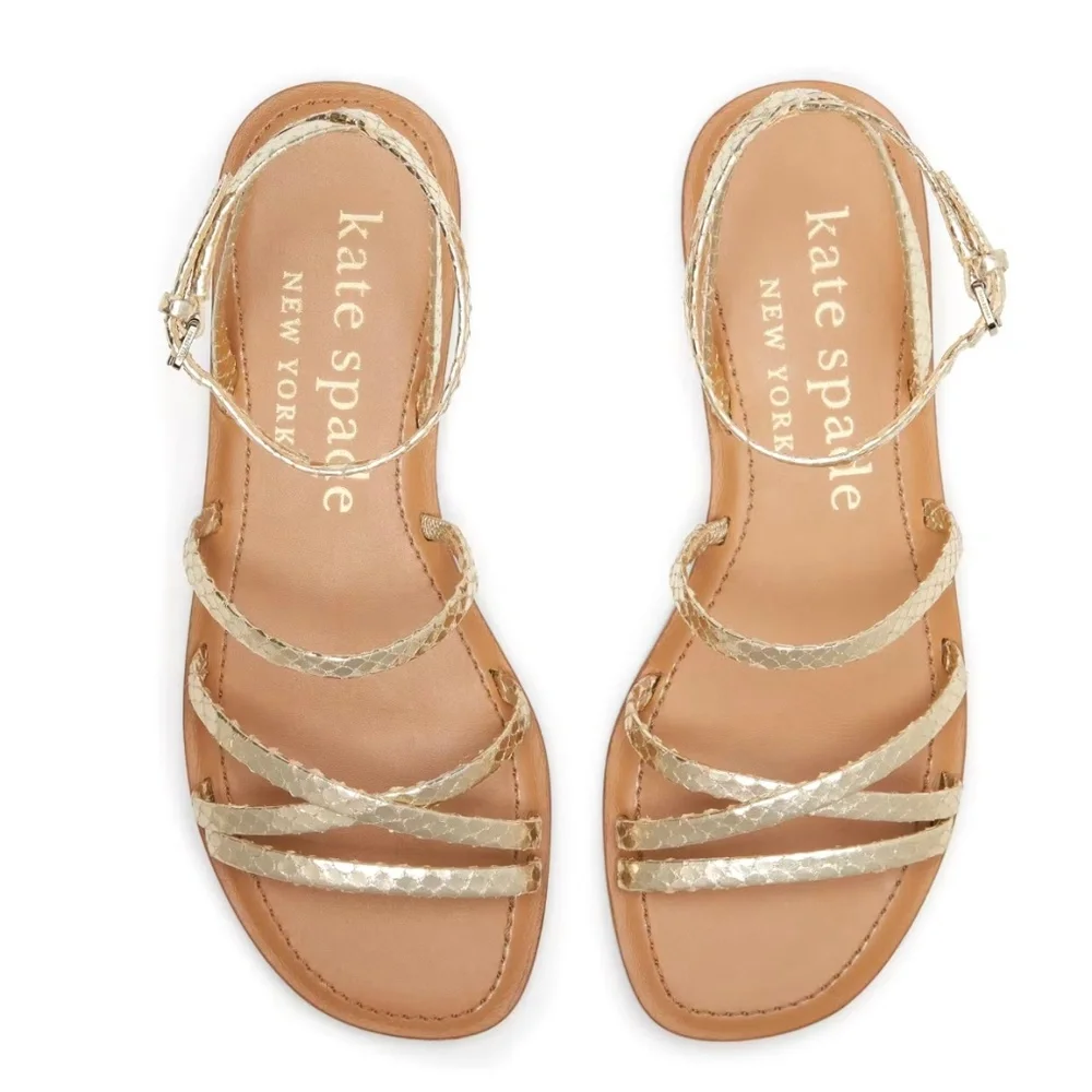 Kate Spade Womens Cove Metallic Gold Snake Leather Flat Ankle strap Sandals 6.5 - Picture 5 of 14